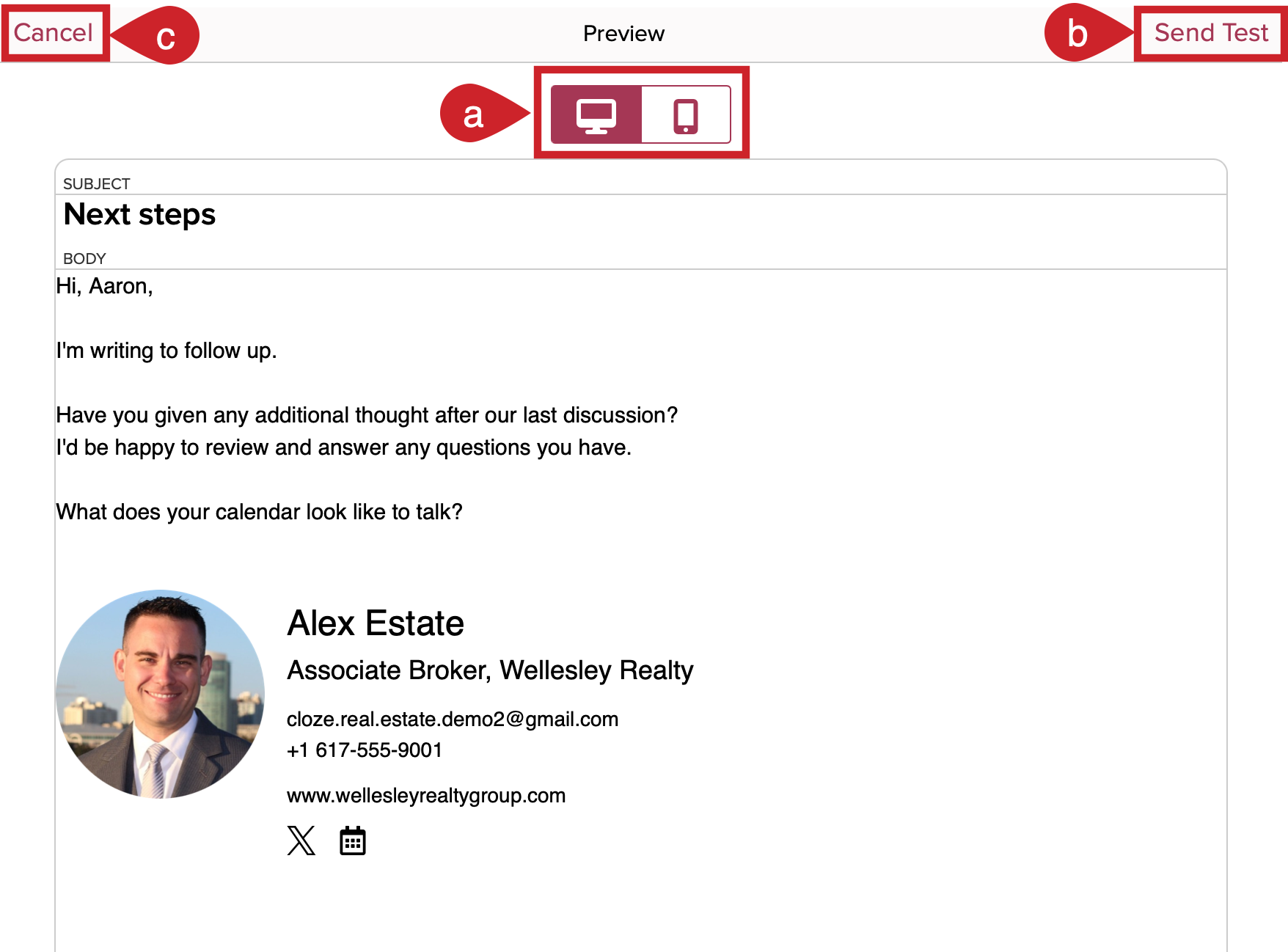 Preview on desktop or mobile, send a test, cancel to make changes