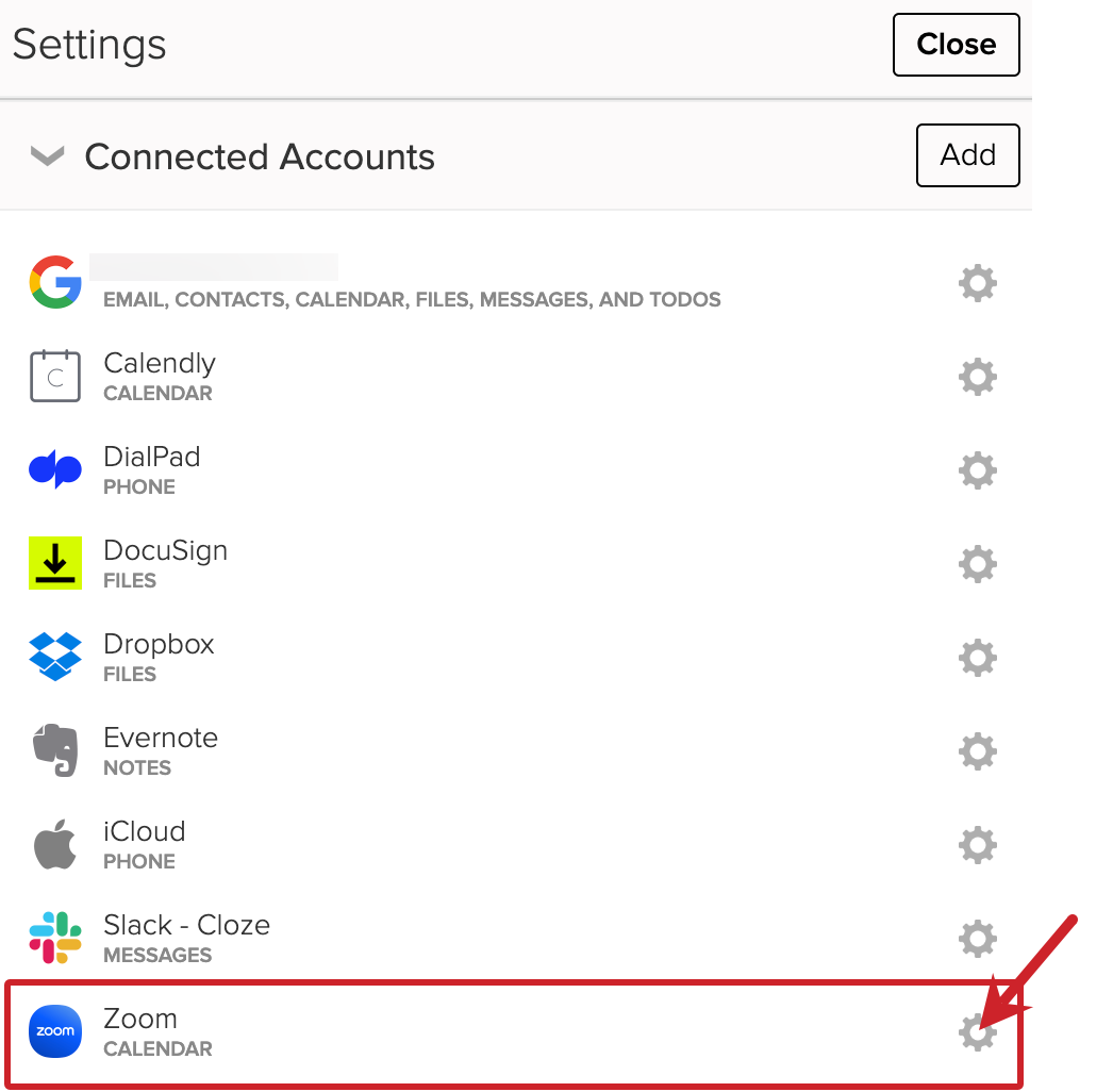 Cloze Settings > Connected Accounts > Zoom settings.