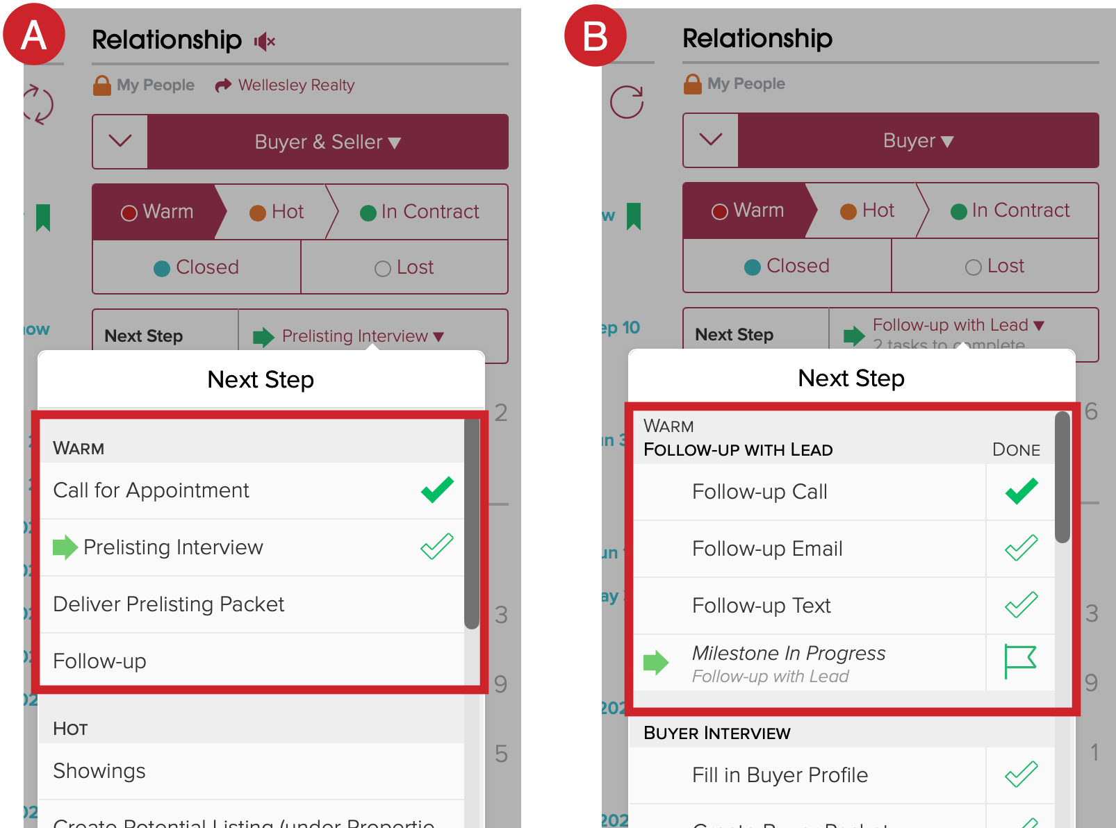 Image A is a set of Next Steps and Image B is a set of Next Steps with Milestones