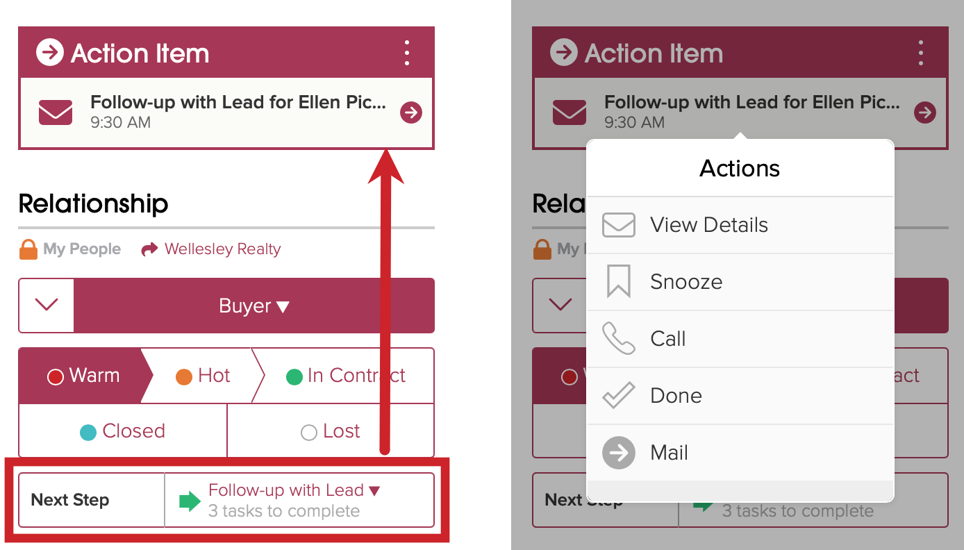 Tap on the Action item to see more options such as View Details, Snooze, Call, Email, or Mark as Done.