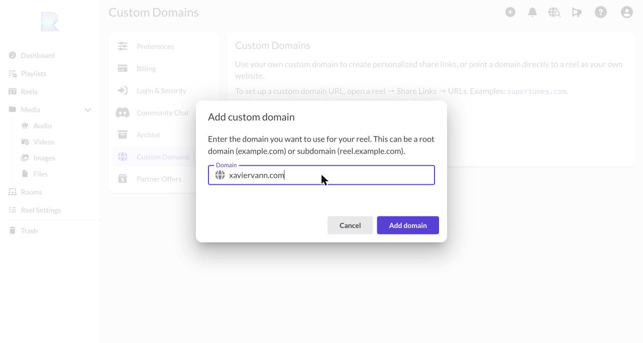 The Add custom domain dialog with a domain entered