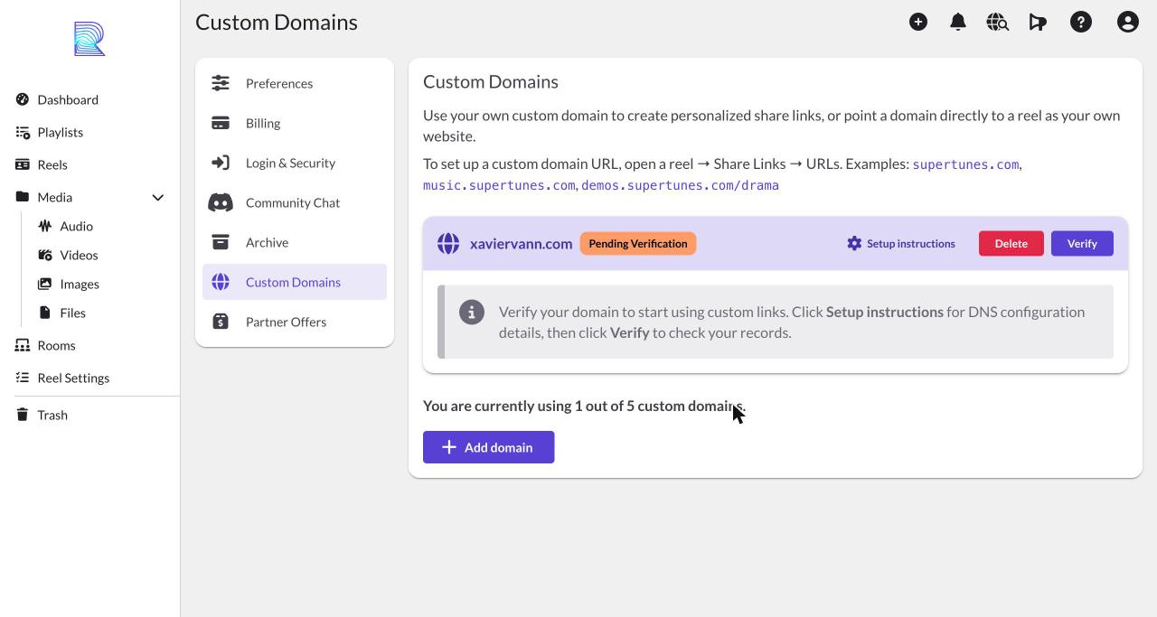 A domain marked Pending Verification with the Verify button