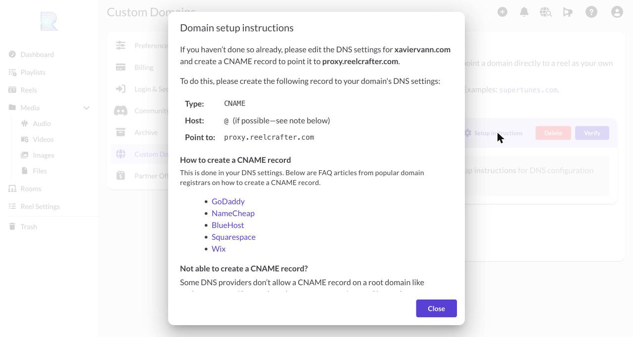 The Domain setup instructions dialog showing the CNAME record