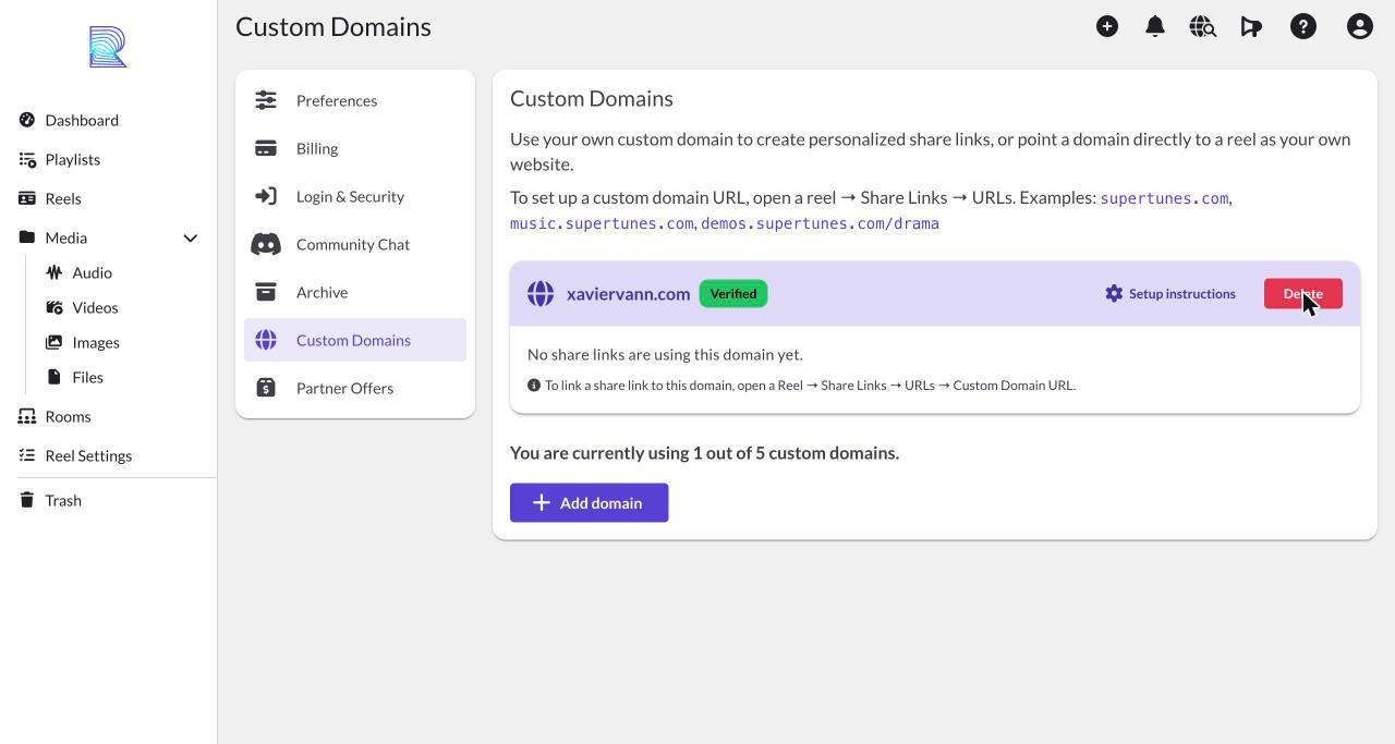 A verified custom domain, ready to connect to a reel