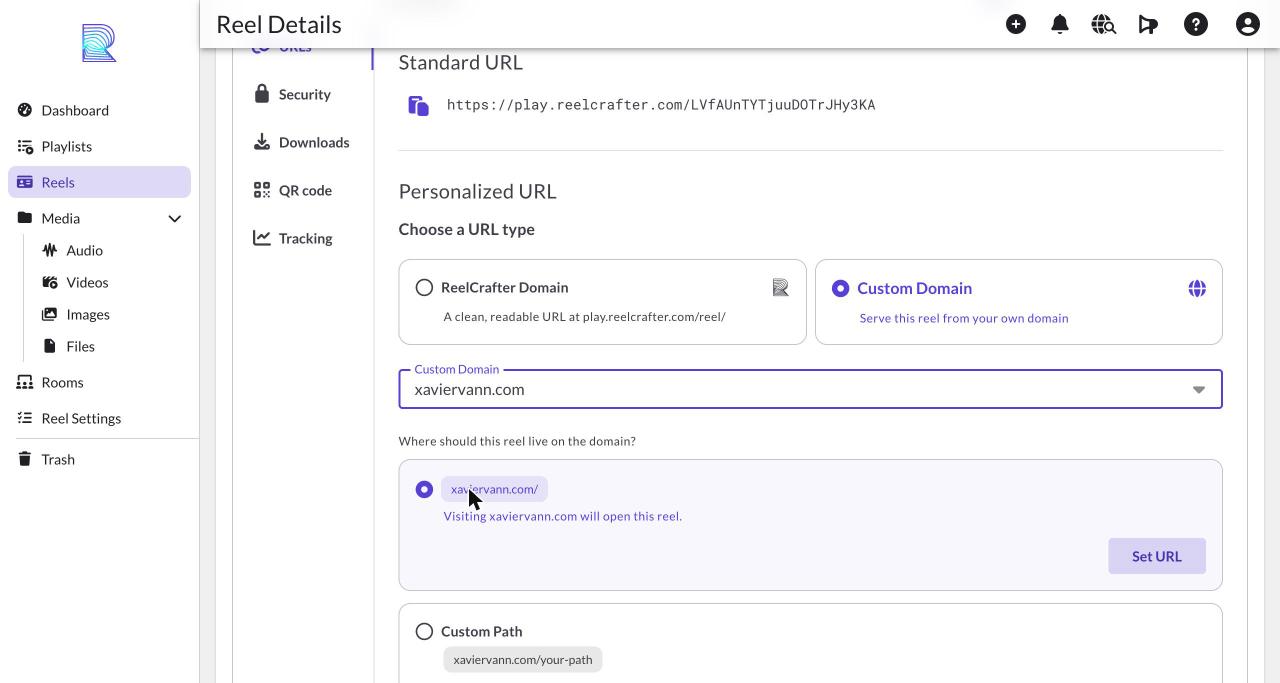 Custom Domain selected on a share link, with the verified domain chosen and the Root option
