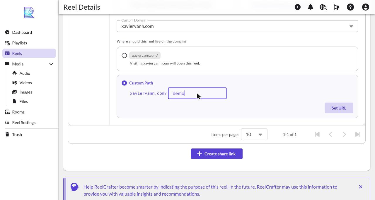 The Custom Path option filled in, with the Set URL button