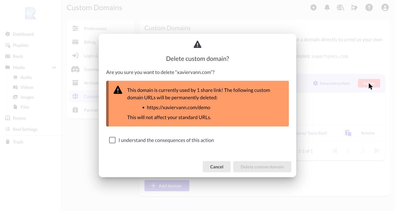 The Delete custom domain dialog showing the in-use warning and confirmation checkbox
