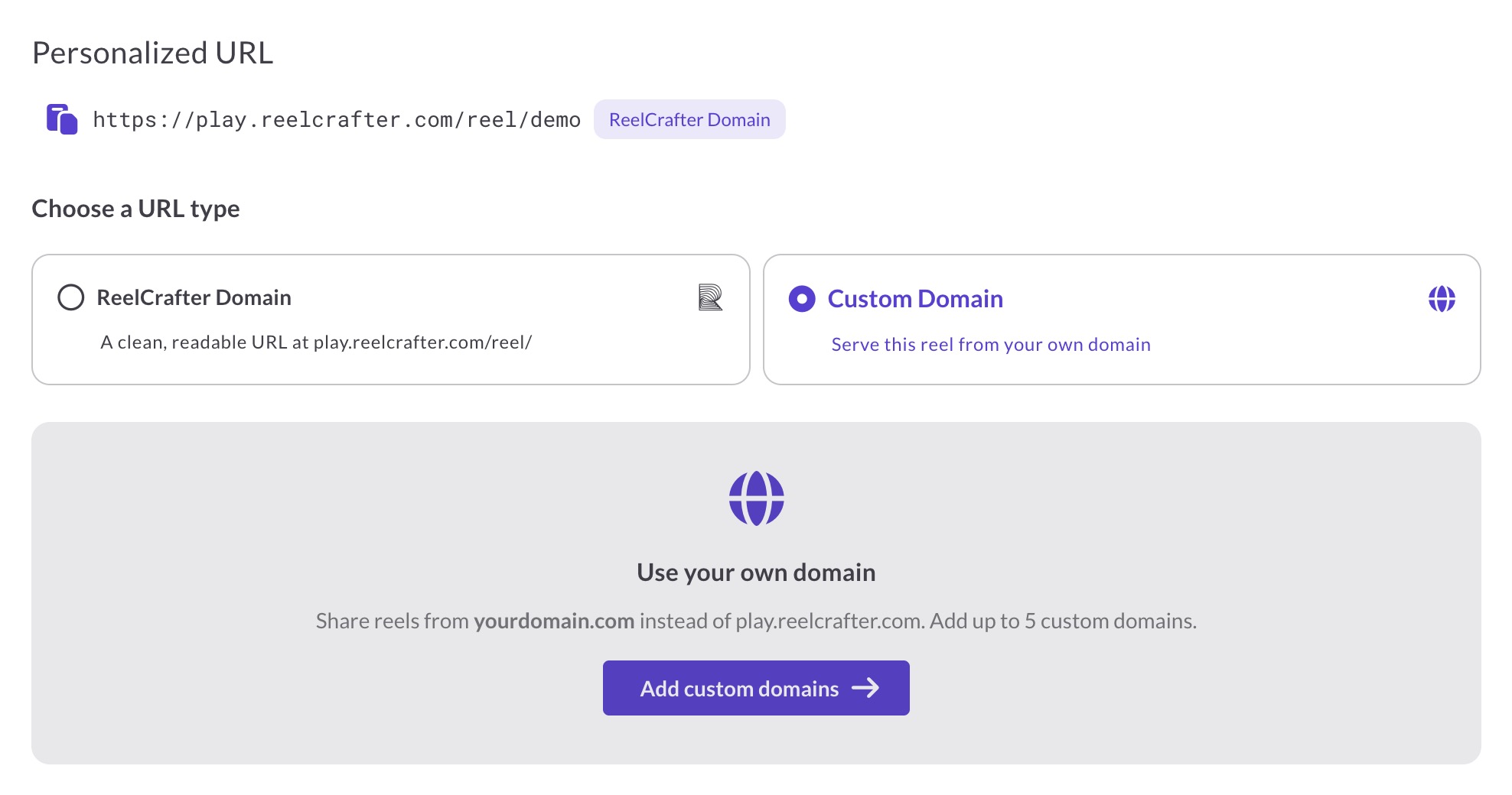 Choosing Custom Domain on a share link before setup shows a prompt to add a custom domain