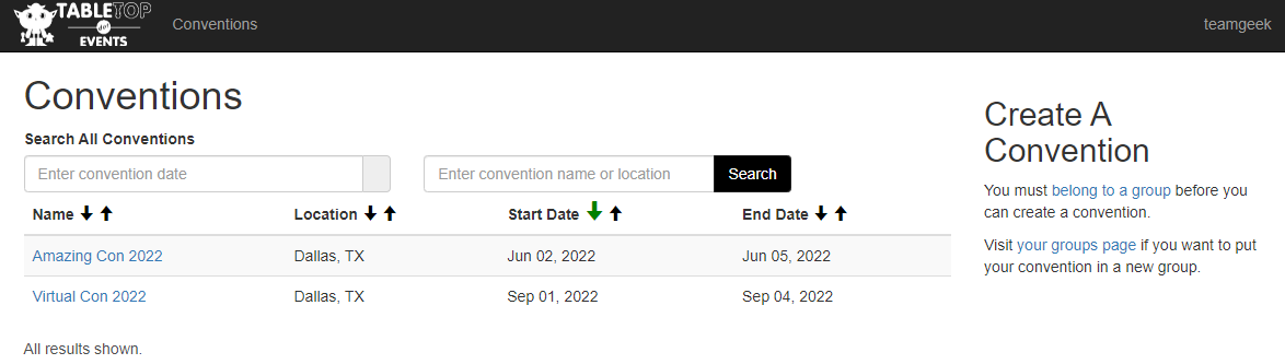 Screen shot of convention listing.