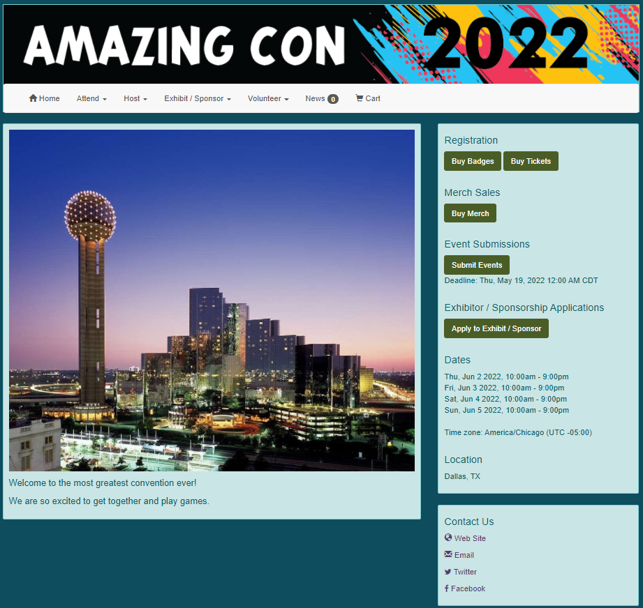 Screen shot of convention home page of demo convention.