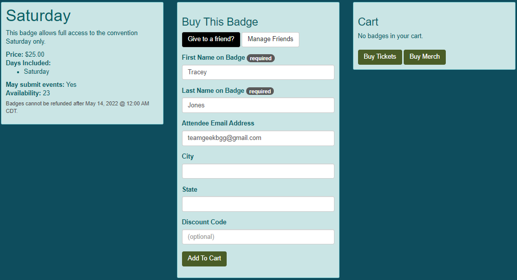 Screen shot of purchase badge detail screen for demo convention.