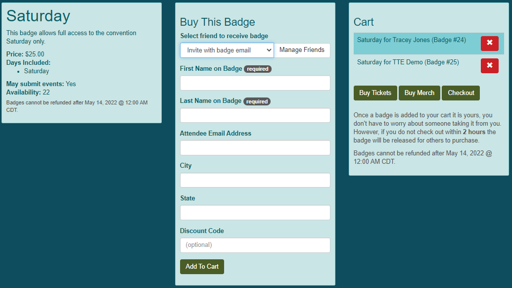 Screen shot of purchase badge detail screen for demo convention.