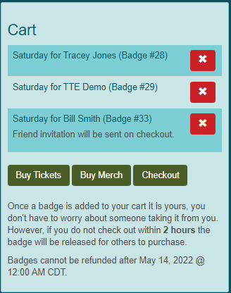 Screen shot of cart section of purchase badge detail screen for demo convention.