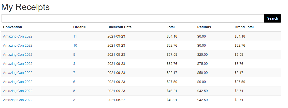 My receipts screen on tte website.