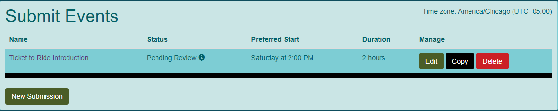 Screen shot of submit events page with pending submission status for demo convention.