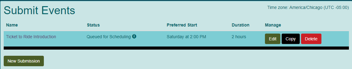 Screen shot of submit events page with queued for scheduled status for demo convention.