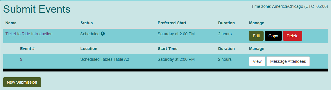 Screen shot of submit events page with scheduled status for demo convention.