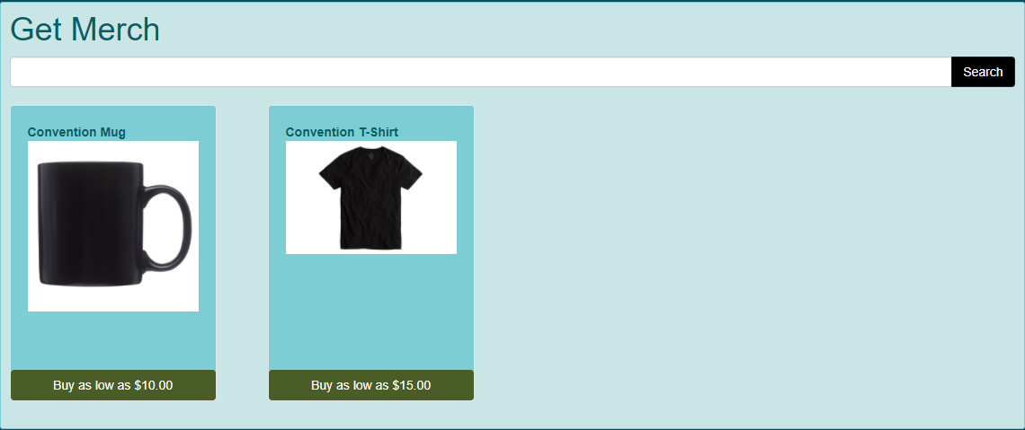 Screen shot of get merch page for demo convention.