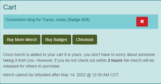 Screen shot of cart section of merch detail page for demo convention.