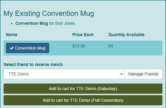 Screen shot of buying merch for a friend example for demo convention.