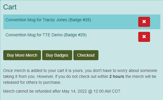 Screen shot of cart section of merch detail page for demo convention.