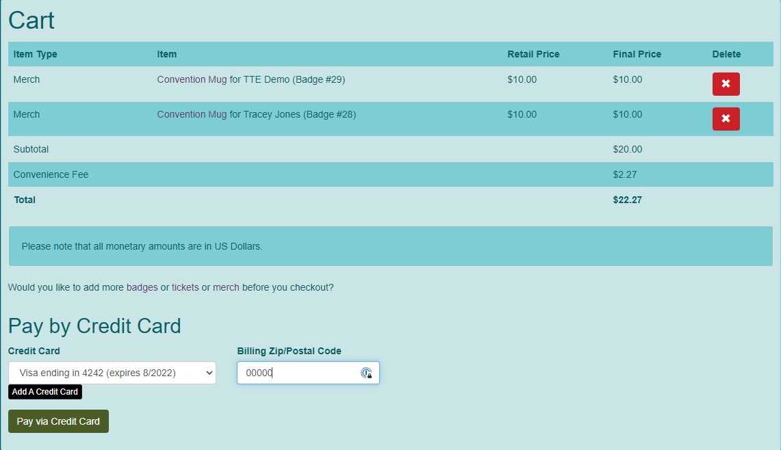 Screen shot of cart page for demo convention.