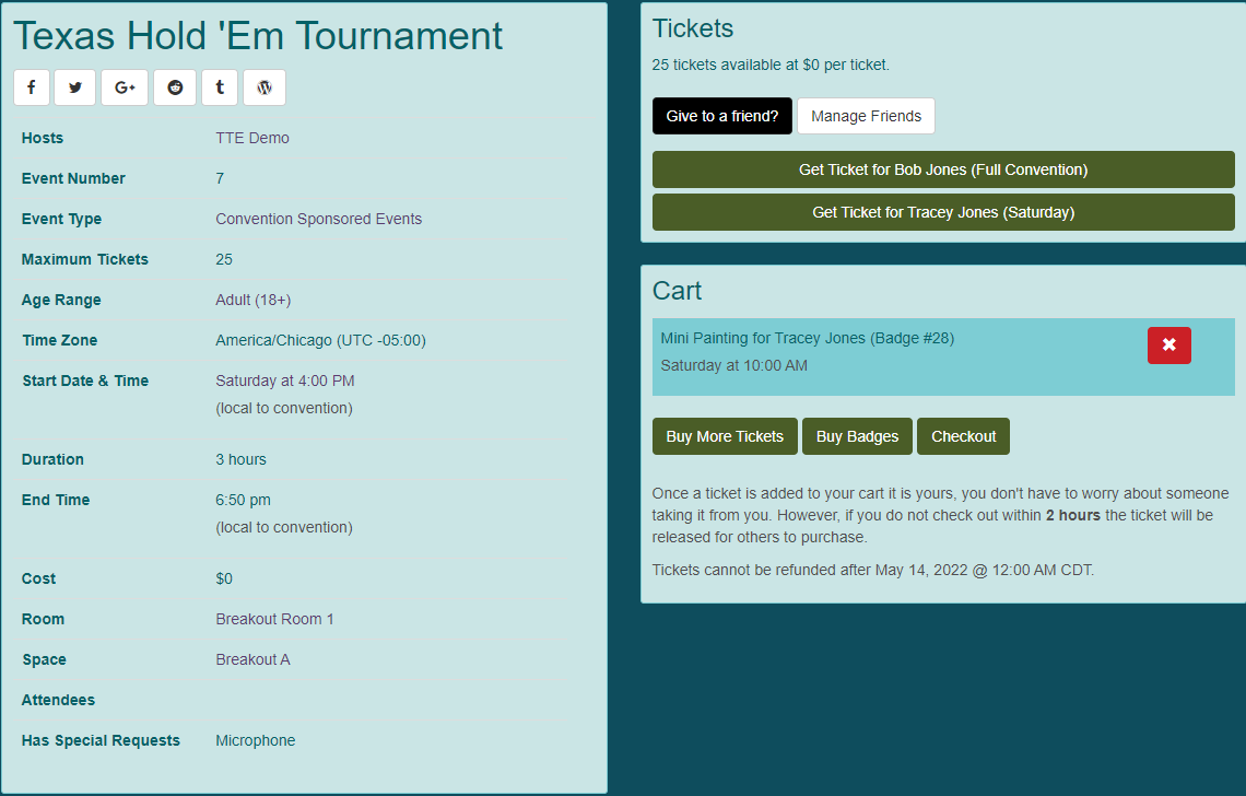 Screen shot of event page for demo convention.