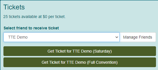 Screen shot of tickets section of event page for demo convention.