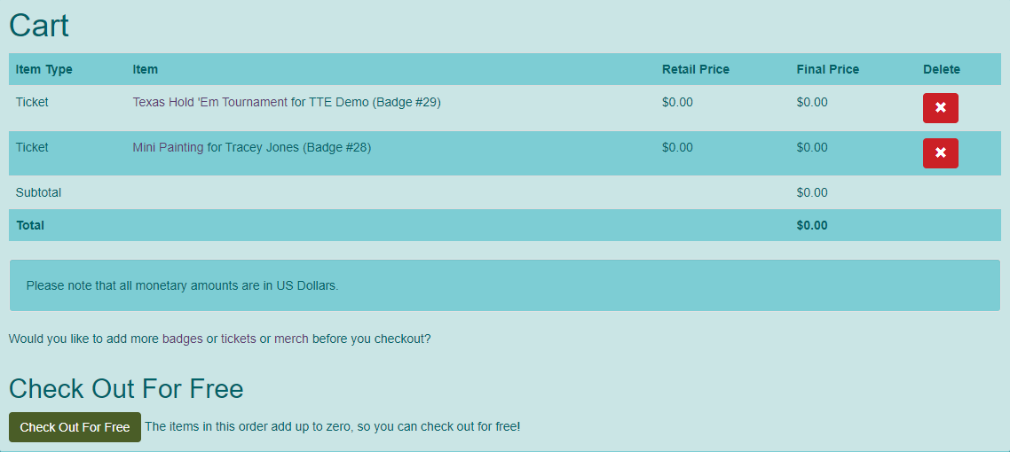 Screen shot of cart for demo convention.
