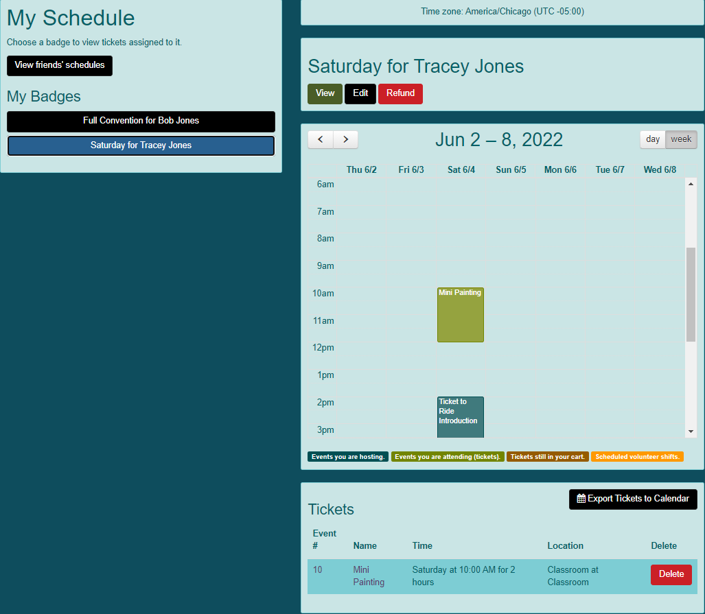 Screen shot of my schedule page for demo convention.