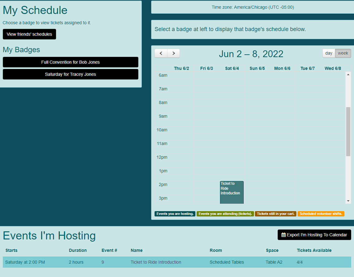 Screen shot of my schedule page for demo convention.