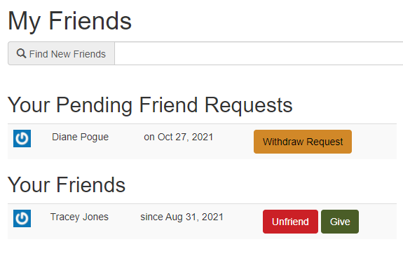 Friend screen with pending friend requests.