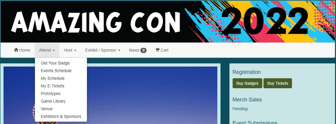 Convention homepage with Attend drop down menu.