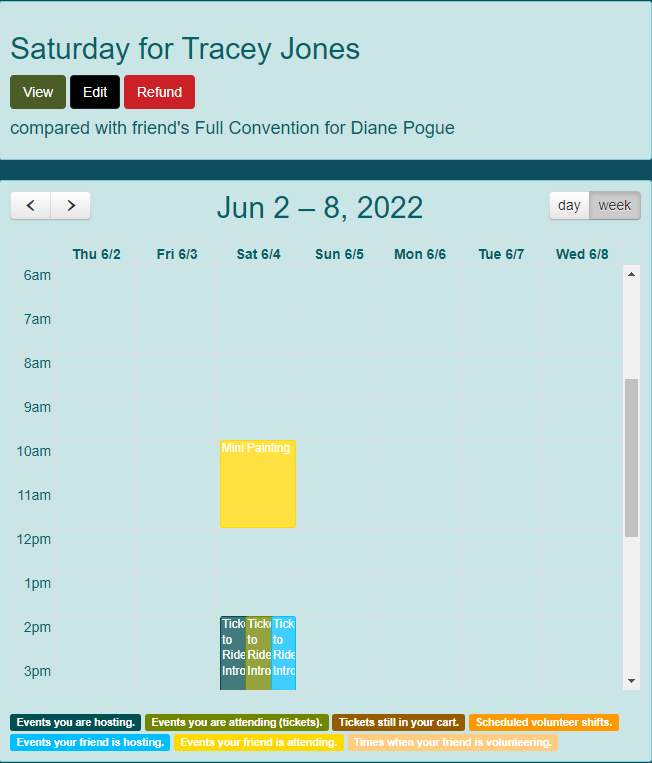 Calendar with schedule comparison between attendee and friend.