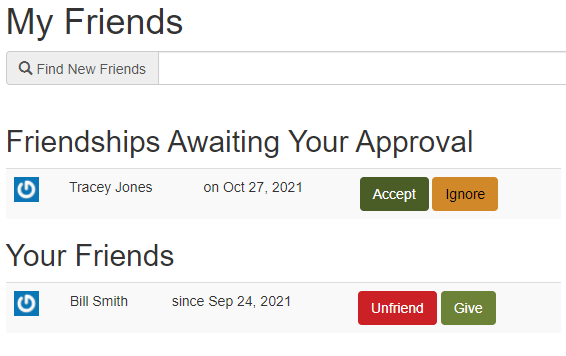 Friend screen with awaiting your approval friend requests.