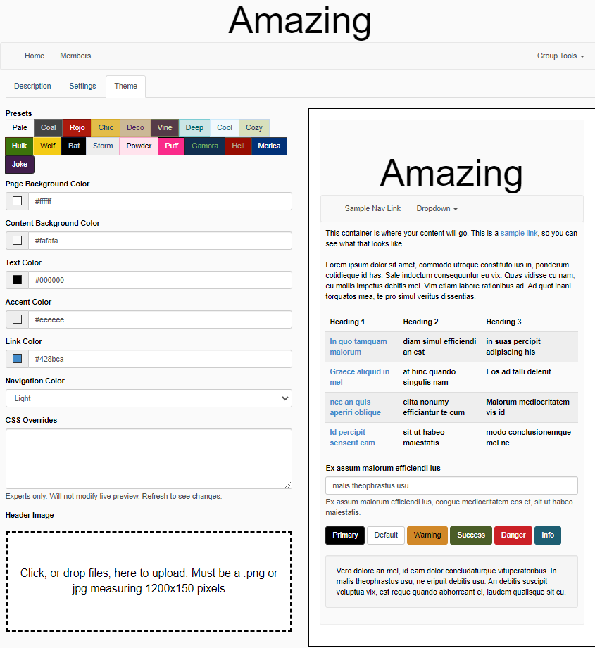 Screen shot showing where to determine theme settings for a TTE group