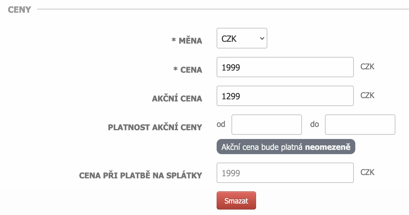 nastavení akční ceny bez omezení data platnosti OD - DO