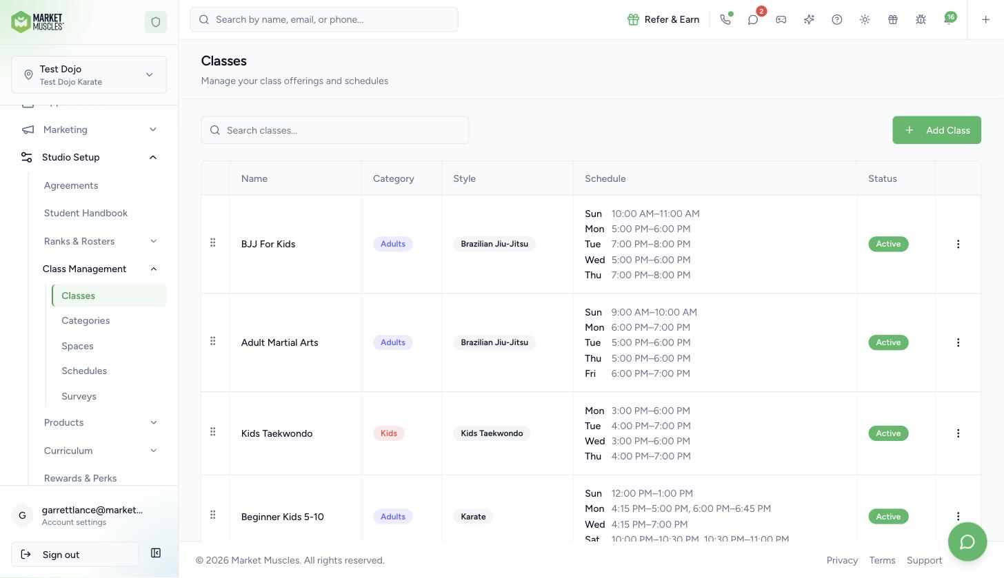 Studio Setup, Class Management, Classes page with the Add Class button