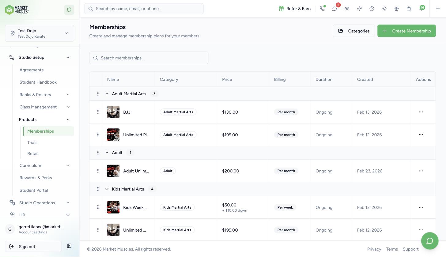 Studio Setup, Products, Memberships page with the Categories and Create Membership buttons