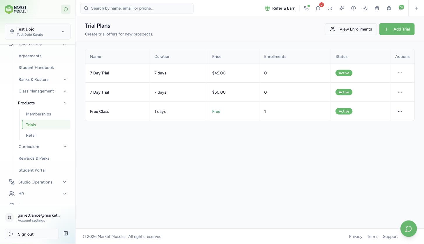 Studio Setup, Products, Trials page with the Add Trial button