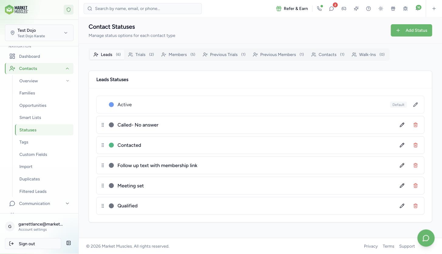 Contacts, Statuses page showing a tab for each contact type and the Add Status button
