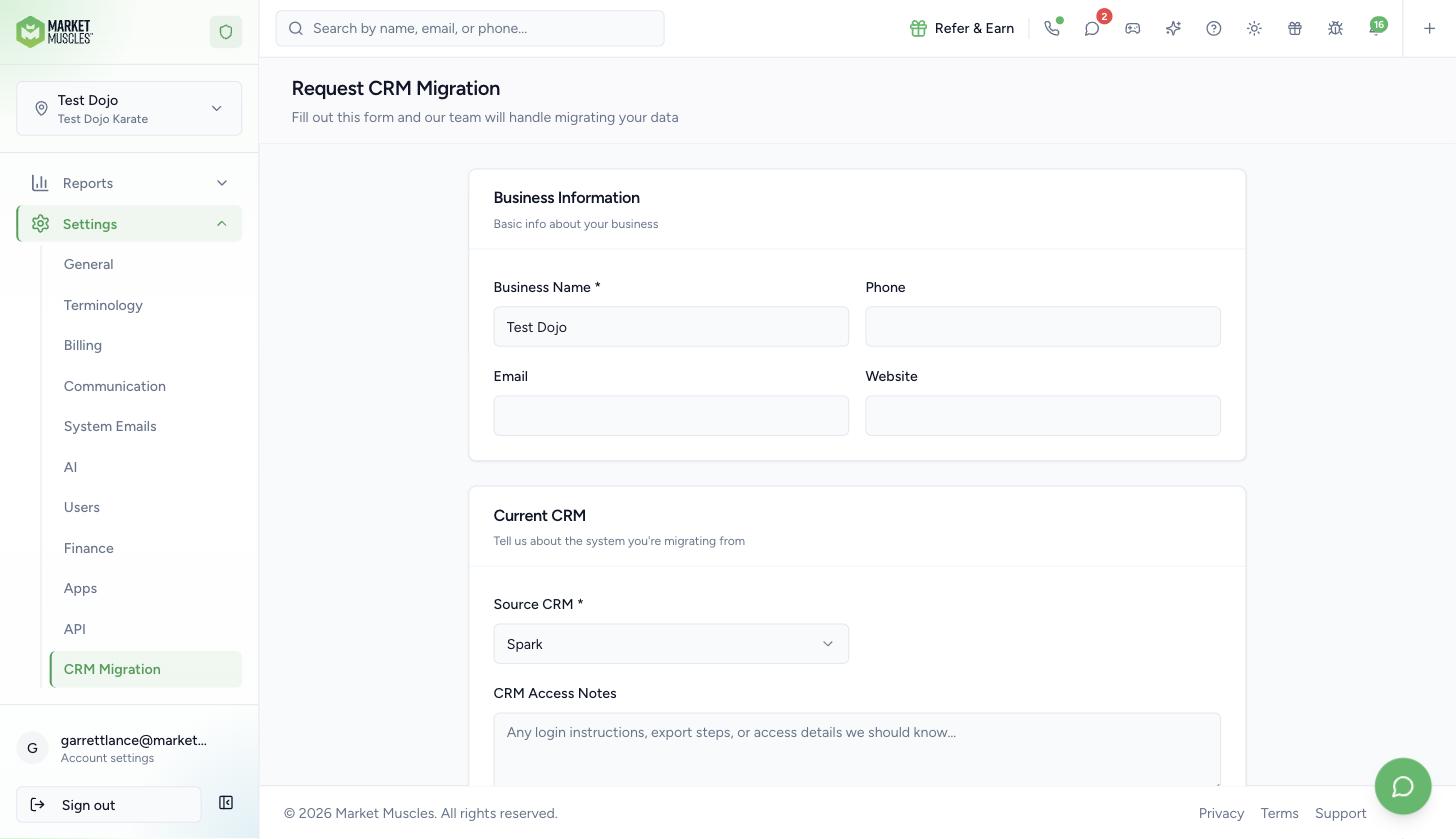 Settings, CRM Migration request form showing Business Information and Source CRM