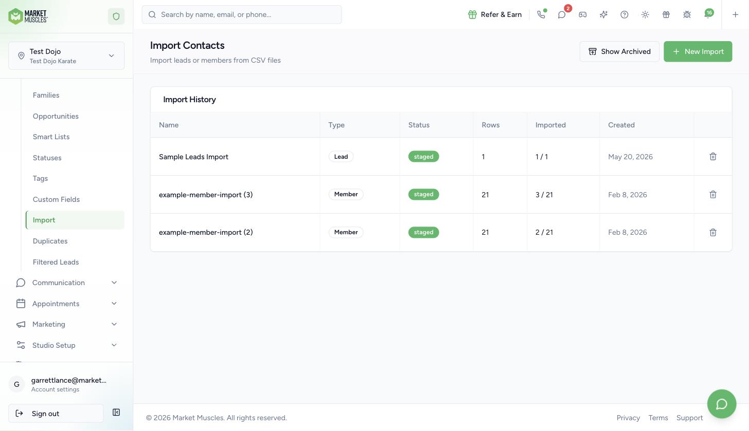 Contacts, Import page with the New Import button and import history