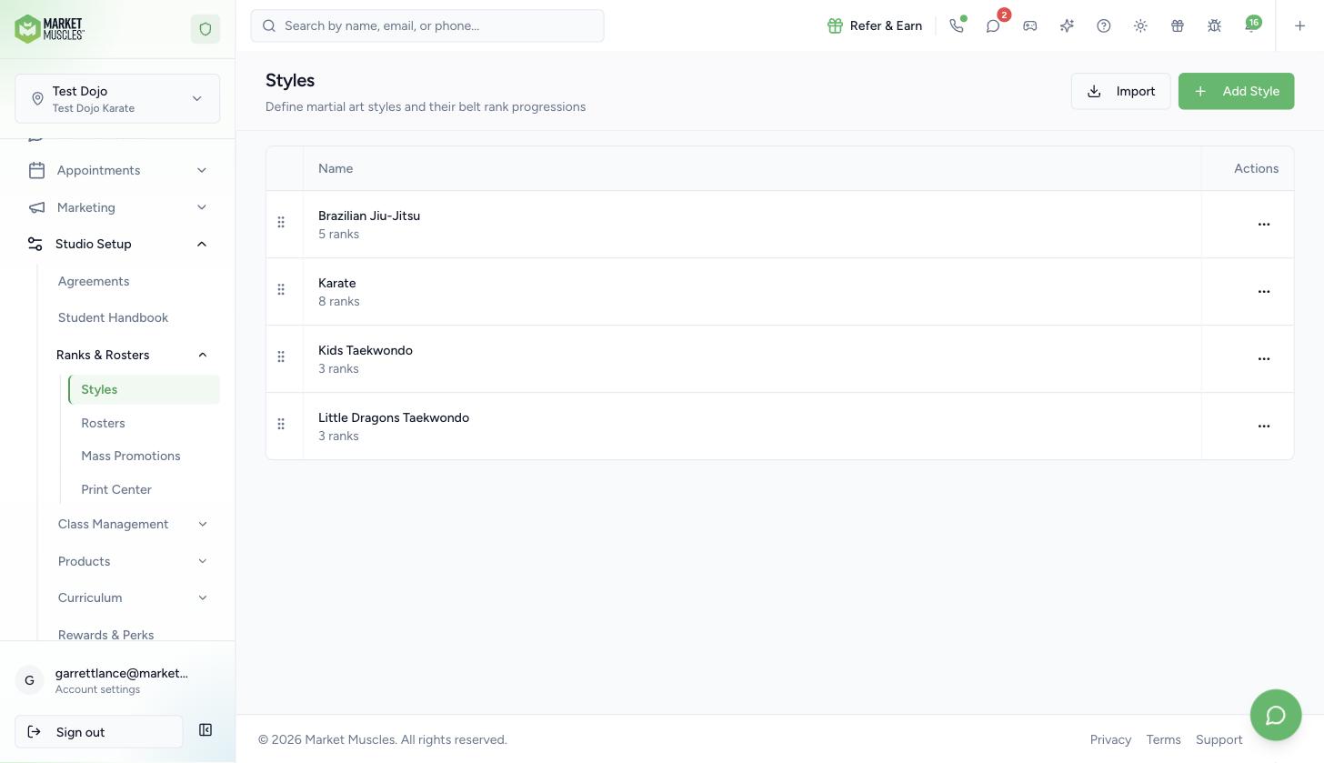 Studio Setup, Ranks and Rosters, Styles page with the Add Style button
