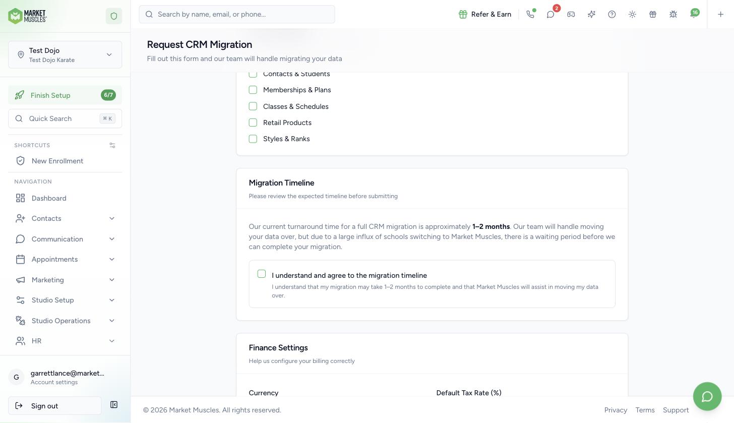 CRM Migration request page showing What to Migrate options and the Migration Timeline