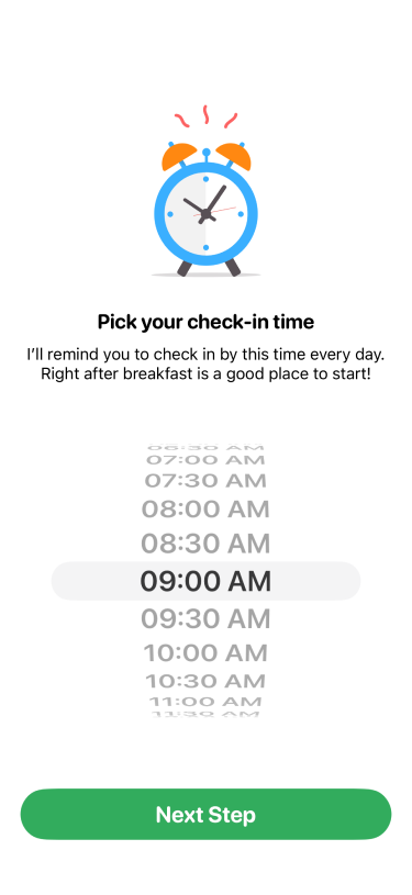 Snug screen for choosing a daily check-in time