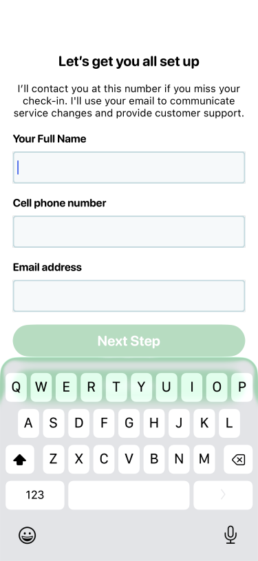 Snug account information screen with name, mobile phone number, and email fields