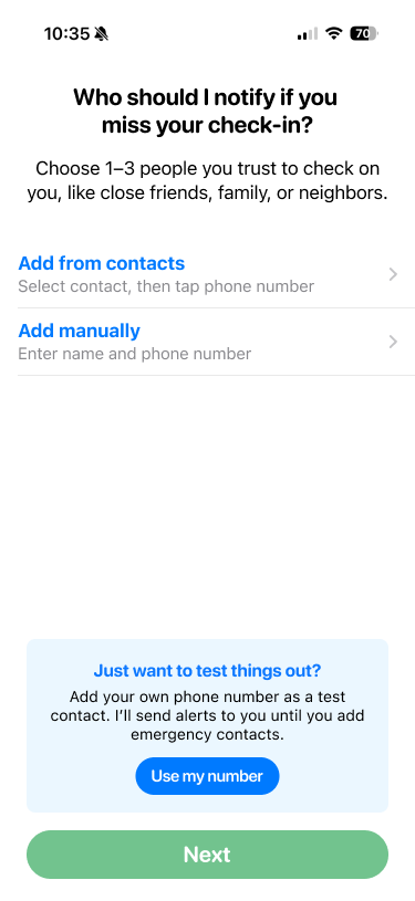 Snug emergency-contact screen with Add from contacts, Add manually, and Use my number options