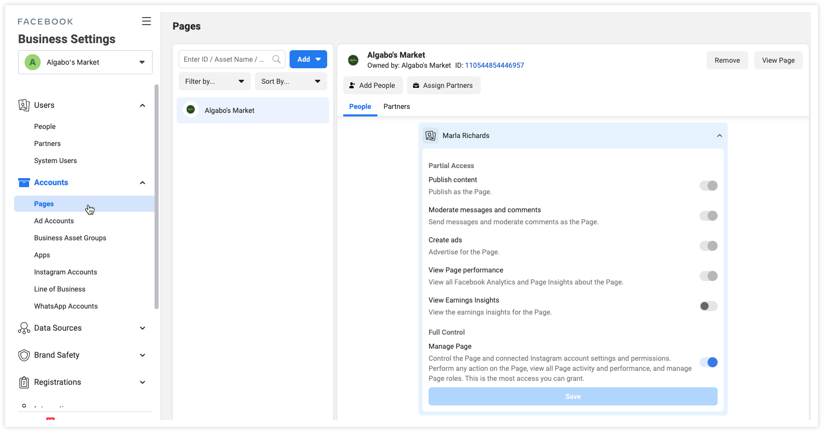 Screenshot illustrating Meta Business Settings with the 'Pages' section displaying an individual's permissions to manage a page