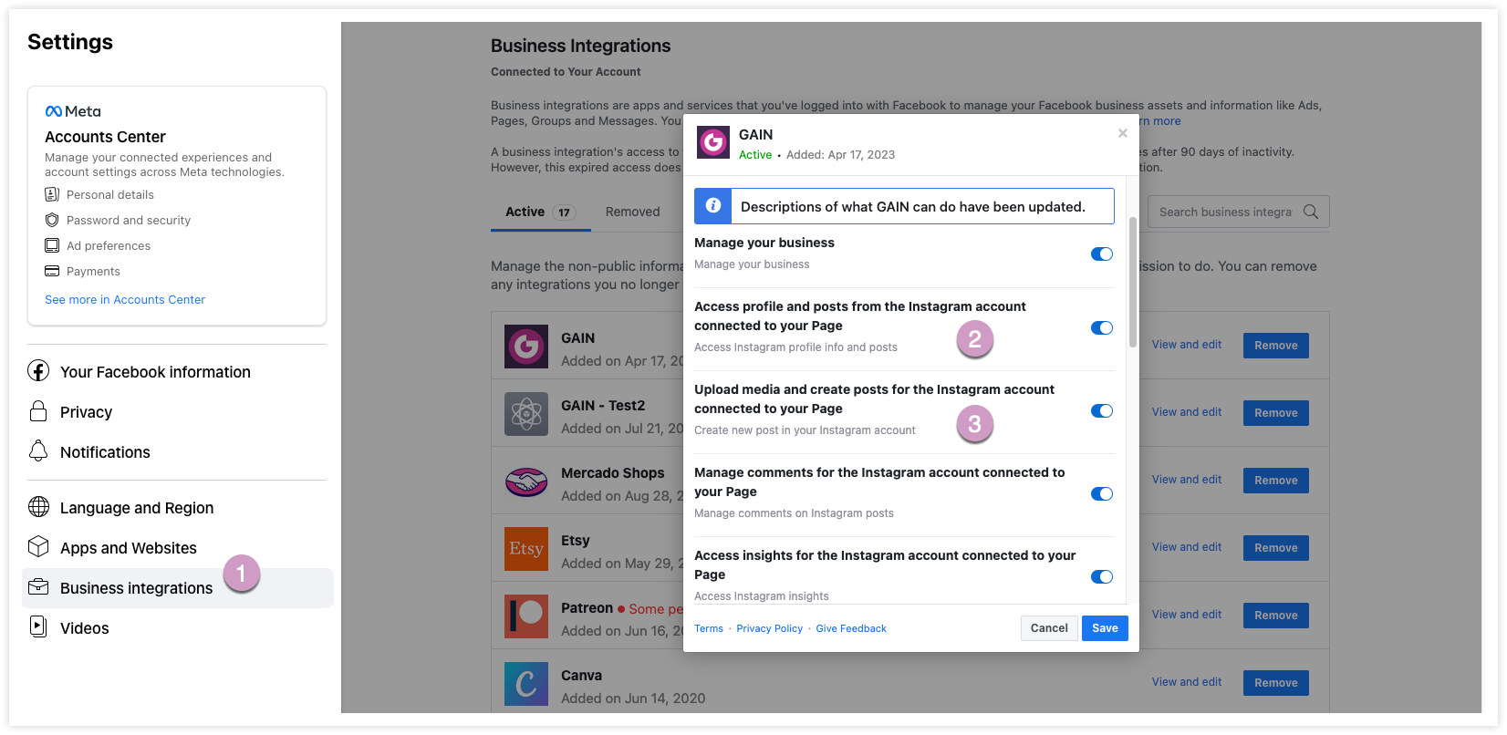 Screenshot showcasing the Business Integrations settings on Facebook, featuring Gain's access permissions.